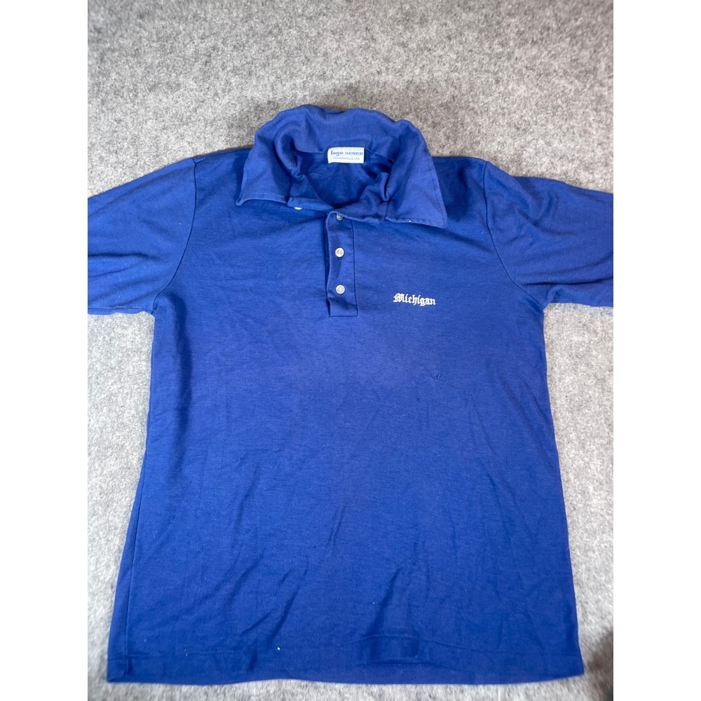VTG 70s University Michigan Wolverines Golf Polo Shirt Blue Logo 7 Mens Large